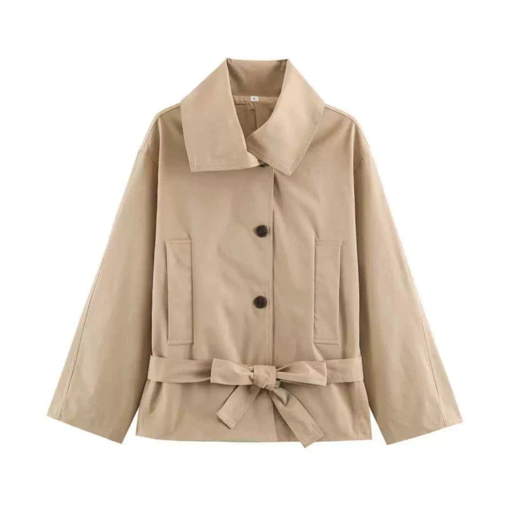 ZARA Versatile Fall Stand Collar Loose Tie Short Trench Coat